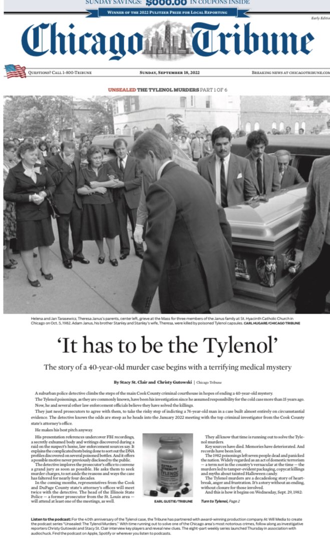 SCMitchP's tweet image. Coming Sunday to your dead tree edition 🗞 of the @chicagotribune: Part I of Unsealed: The Tylenol Murders, written and reported by @ChristyGutowsk1 &amp;amp; @StacyStClair. 
chicagotribune.com/investigations…