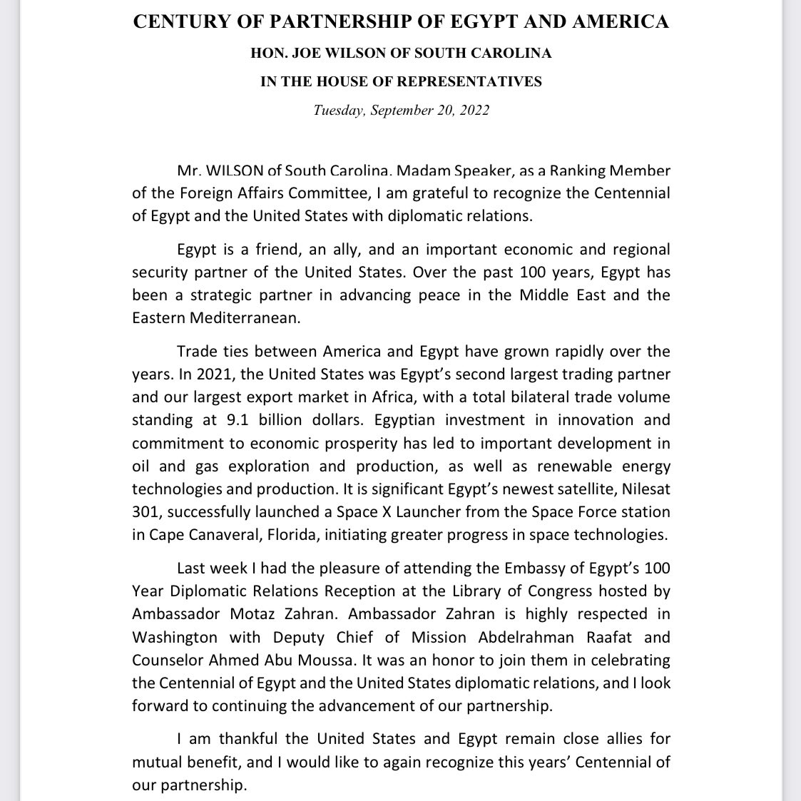 EgyptEmbassyUSA's tweet photo. Sincere appreciation for the statement by @RepJoeWilson delivered on the House floor noting the value of the U.S.-Egypt relationship as well as recognizing the centennial of the establishment of diplomatic relations between 🇪🇬 &amp; 🇺🇸 and the importance of our deep-rooted relations. https://t.co/mfKtOShoBQ
