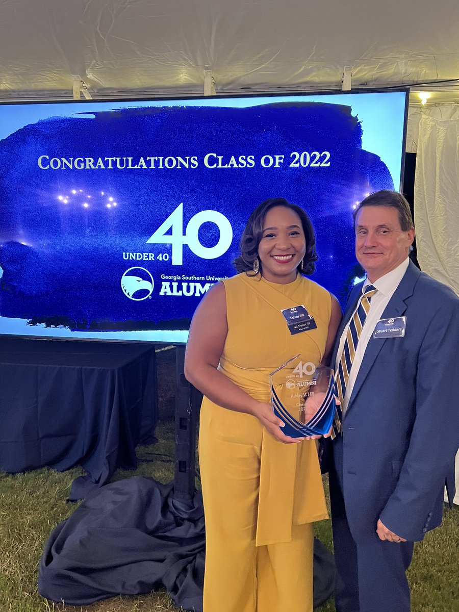 DrAshleyHill's tweet photo. Last night I was honored to join the distinguished group of alumni that make up the #gsu40under40 presented by the Georgia Southern University Almuni Association. My time at @jphcoph catalyzed my public health career and I am forever grateful. 💙💛 https://t.co/WZZ8Dxqamv