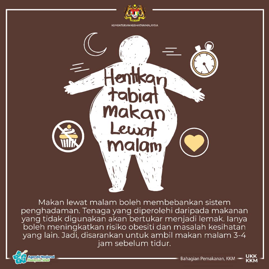 KKMPutrajaya's tweet photo. Elakkan tabiat makan lewat malam bagi mencegah obesiti dan mengekalkan berat badan ideal.Waktu yang sesuai untuk makan malam adalah antara pukul 6 petang sehingga 8 malam. 
❤️ Jom, hentikan tabiat pemakanan yang tidak sihat ini. https://t.co/rC5OBzOBT5