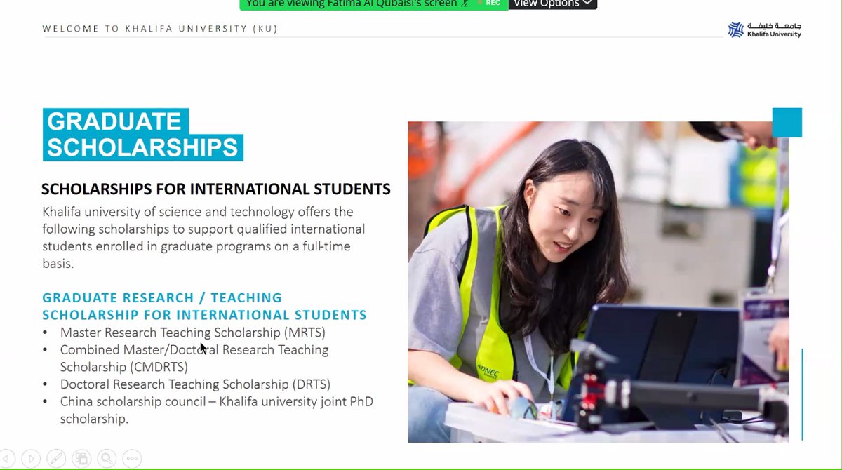 AUCCareerCenter's tweet photo. "We offer three scholarships for international students to pursue graduate degrees on a full-time basis," Fatima Al Qubaisi, Graduate Recruitment and Admissions Senior officer, @KhalifaUni #igsf https://t.co/0jDrMDLaDy