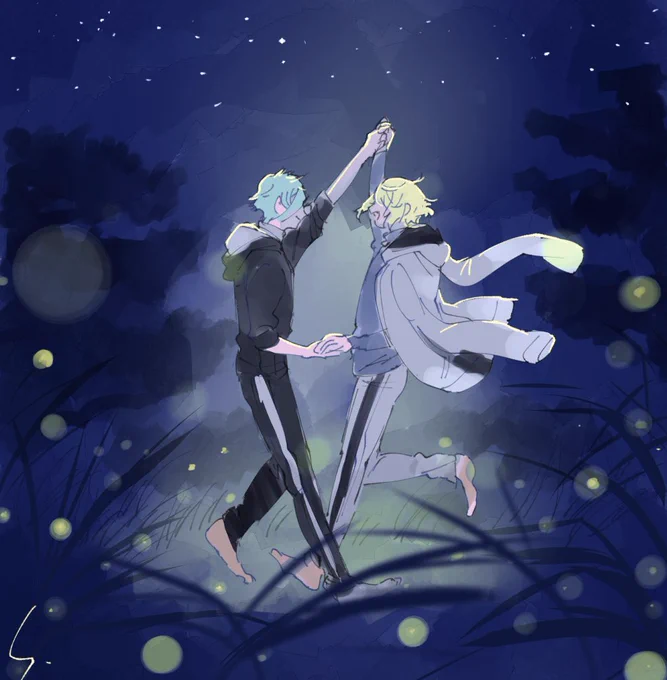 お題「真夜中」#膝髭ワンドロワンライ庭があの光る海みたいだから僕らも踊っちゃおうな膝髭 