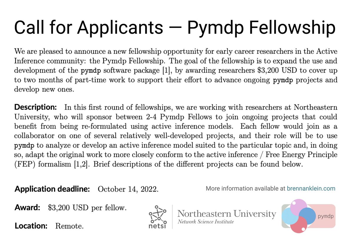 Excited to announce an opportunity for early career researchers in the Active Inference community! The Pymdp Fellowship: Short-term positions designed to use and further develop the pymdp package (joss.theoj.org/papers/10.2110…) More details at brennanklein.com (bottom of page)