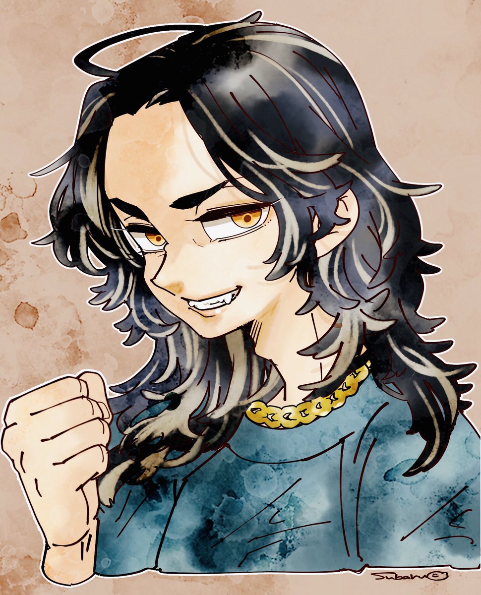 solo black hair smile 1boy long hair male focus clenched hand  illustration images