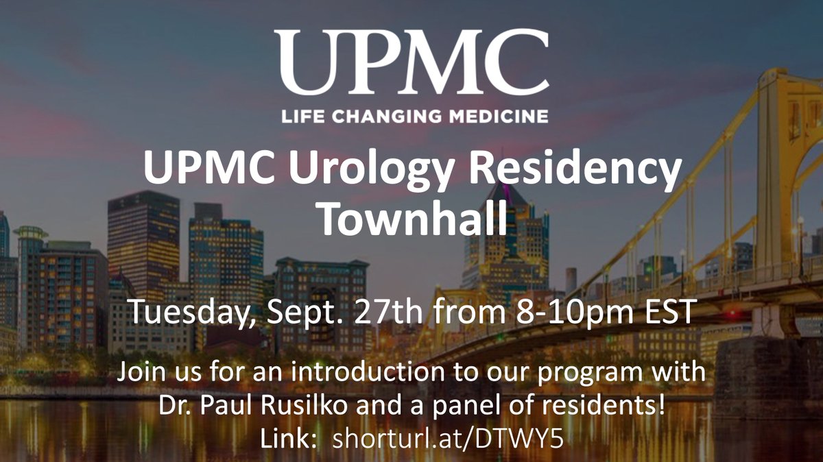 UPMCUrology's tweet photo. Are you interested in applying to UPMC for urology residency? Please join us for a virtual town hall this coming Tuesday 9/27 from 8-10PM EST! The meeting will be recorded for those unable to attend live. https://t.co/ga4KjJNgm0 https://t.co/58ytBX2pzx