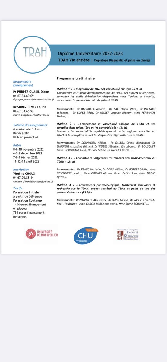 Avis aux professionnels de santé, il reste des places pour notre DU <a href="/umontpellier/">Université de Montpellier</a> <a href="/CHU_Montpellier/">CHU de Montpellier</a> sur le TDAH vie entière . Voici le programme ! <a href="/Ouakil8/">Diane Purper-Ouakil</a> <a href="/LaurieSurig/">Surig laurie</a>