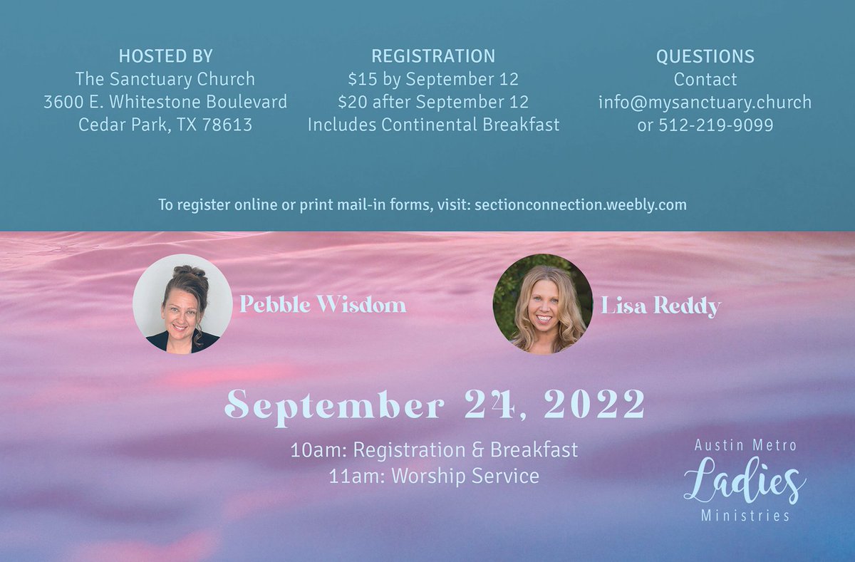 mysanctuarytx's tweet photo. Ladies, Section Connection is Today!  Registration &amp; Breakfast at 10am and Service at 11am.  You can register on-site.  See you there! #ItIsWell #LadiesConference2022 https://t.co/0Gb3RWC2Hy