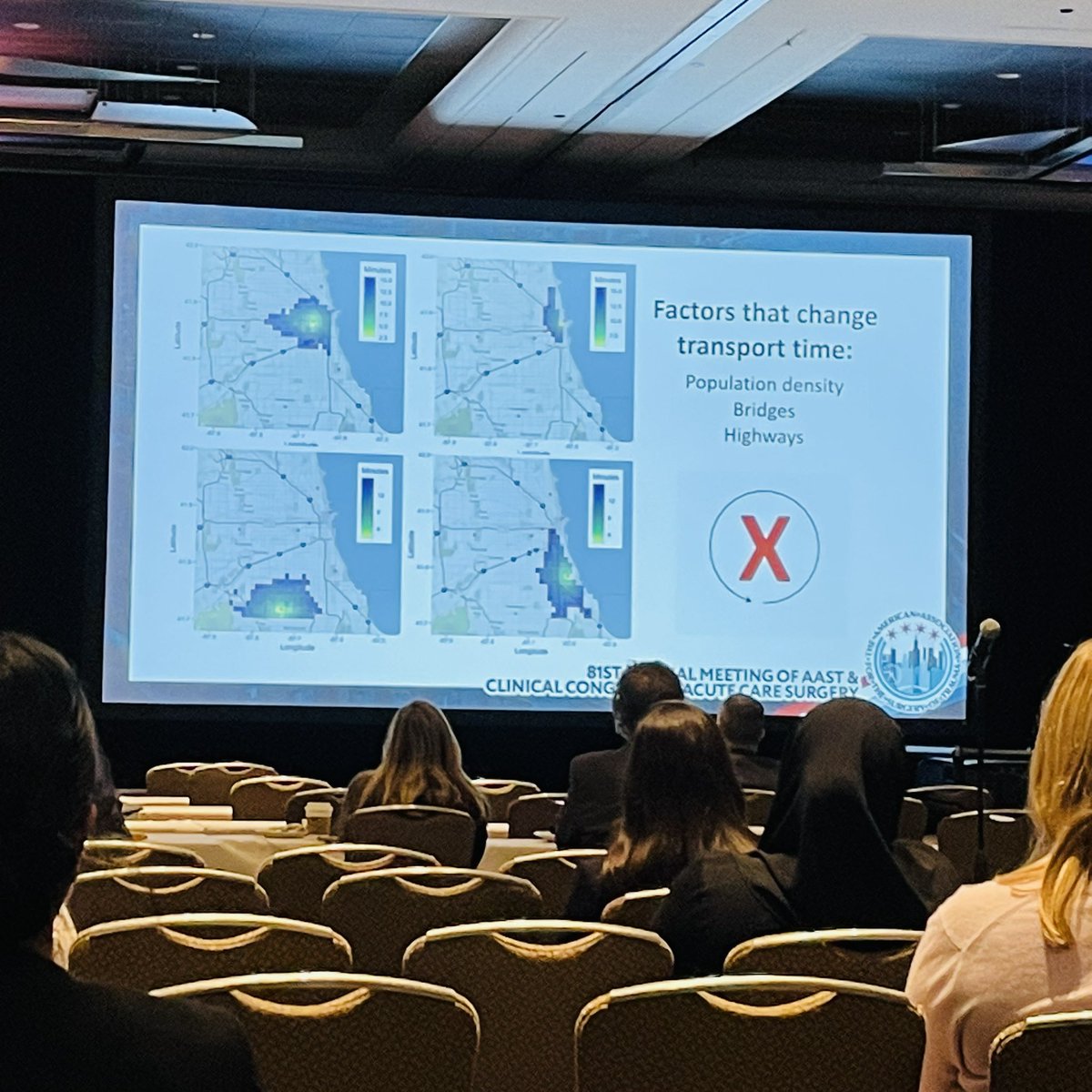 MeilynnShi's tweet photo. "Patients do not bleed by the mile, they bleed by the minute." Really cool talk by @LeahTatebe about geomapping transport times (not just radial distance) to characterize trauma deserts #AAST https://t.co/8OOguDxYDV