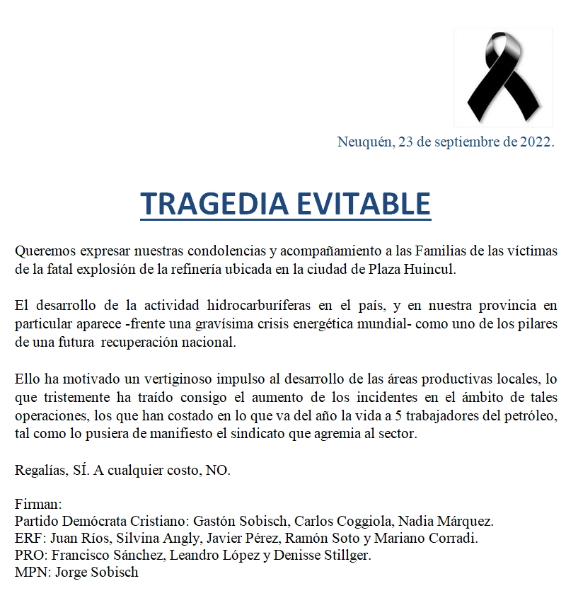 Queremos expresar nuestras condolencias y acompañamiento a las Familias de las víctimas de la fatal explosión de la refinería ubicada en la ciudad de Plaza Huincul.