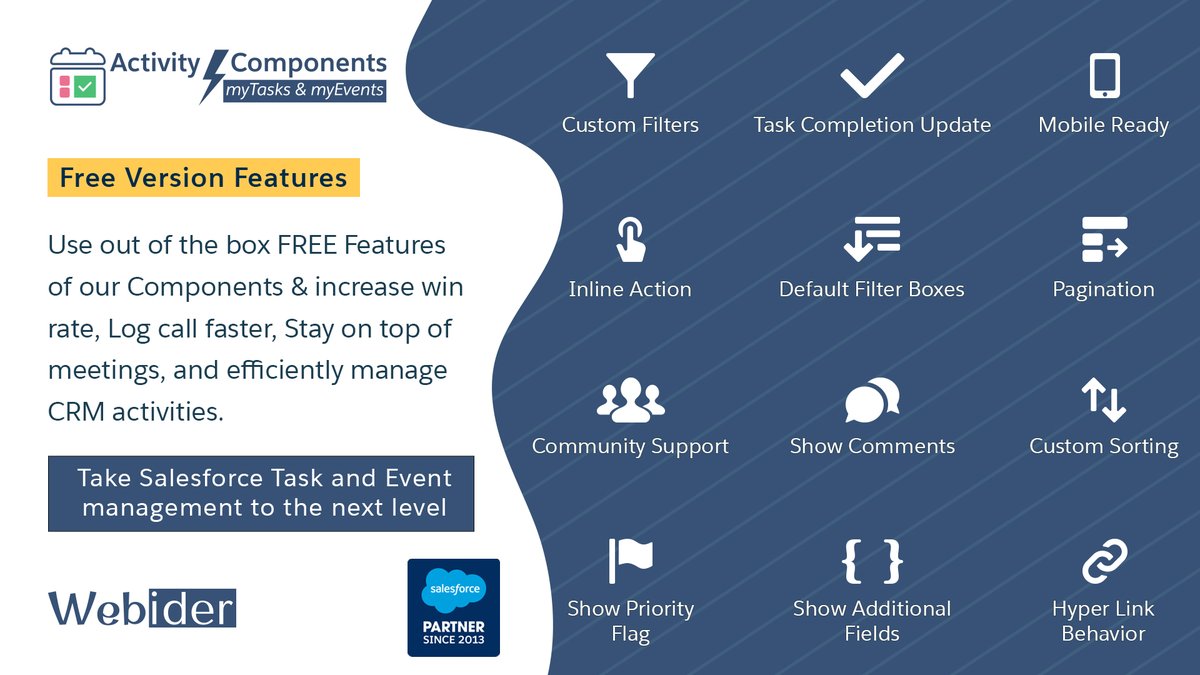 webider's tweet image. Manage your #tasks &amp;amp; #events faster, get instant access to your todo list and filter using many out-of-the-box list filters and update them using inline actions. 
Get it Now for Free

activitycomponents.app

#DF22 #Dreamforce2022 #salesforcedevelopers  #appExchange #webider