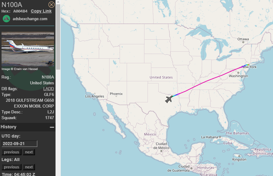 ShellJet's tweet photo. Today we bring you new fossil fuel company jets! N283EM, N300A and N100A are private jets used by @exxonmobil execs including CEO Darren Woods. Last week one hopped from Houston to Dallas, another left Dallas for New York and yesterday one flew into Newark from Denver. https://t.co/qD9plc1UhK