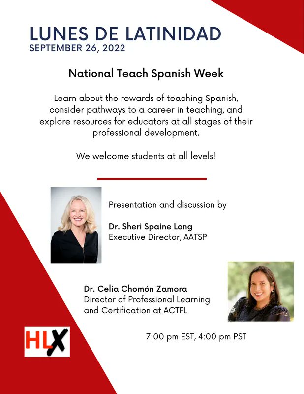 AATSPglobal's tweet photo. Don't forget that National Teach Spanish Week begins on Monday with the webinar, Explora tu futuro como docente de español en este evento especial de la Semana de la enseñanza del español, sponsored by Heritage Language Exchange. Click below to register.
https://t.co/4Tb4RMKWgj https://t.co/tNbAAW0c0e