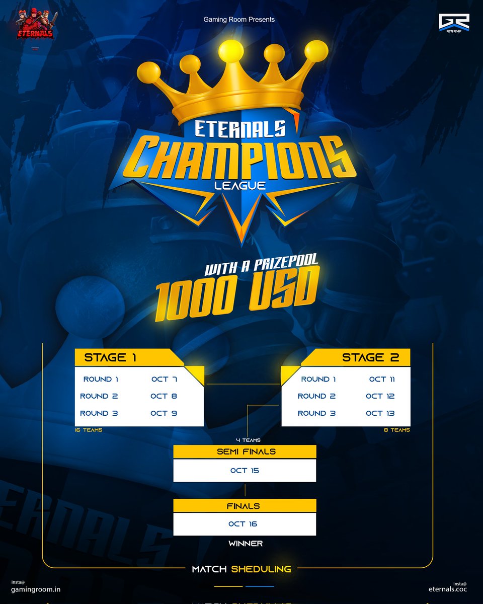Here is the updated schedule of Eternals Champions league season 1 🔥

For the comfortability of world championship teams,  we are moving to next week ! Please check it out ✅

#eternalsCOC #EternalsCommunity 
#GamingRoom #Blind_eternalsCOC 
<a href="/CoCEsports/">Clash of Clans Esports</a> <a href="/ClashofClans/">Clash of Clans</a>