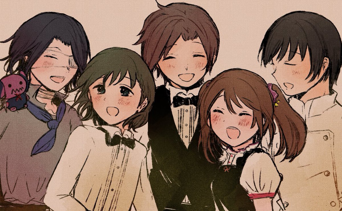 brown hair multiple boys closed eyes bow bowtie twintails smile  illustration images