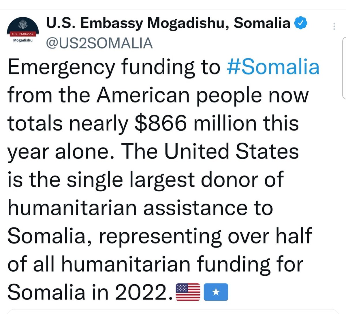 We appreciate the US support to Somalia, but I am sure the $866 million managed and spent by the #US would have given better and lasting outcome if it was managed by the Somali government.