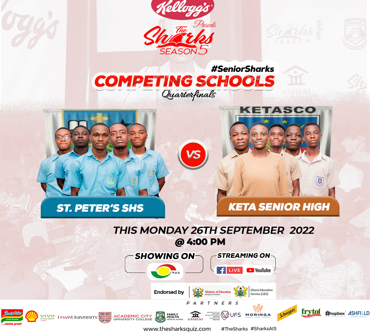 thesharksquiz's tweet photo. Our weekend's action continues on Monday 26th September!
It's double the Sharks action.
St. Peter's Boys SHS take on Keta Senior High at 4:00PM and
Opoku Ware School face off with Sonrise Christian High School at 4:45pm
Don't miss it!
#TheSharks
#SharksAt5 https://t.co/tzhT9ZCDz9