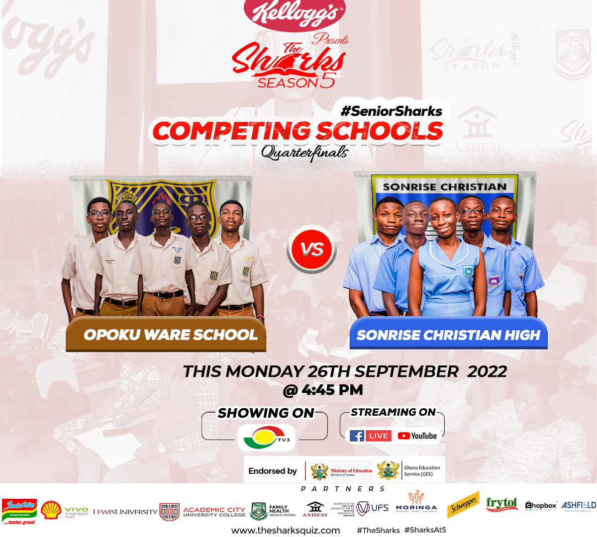 thesharksquiz's tweet photo. Our weekend's action continues on Monday 26th September!
It's double the Sharks action.
St. Peter's Boys SHS take on Keta Senior High at 4:00PM and
Opoku Ware School face off with Sonrise Christian High School at 4:45pm
Don't miss it!
#TheSharks
#SharksAt5 https://t.co/tzhT9ZCDz9