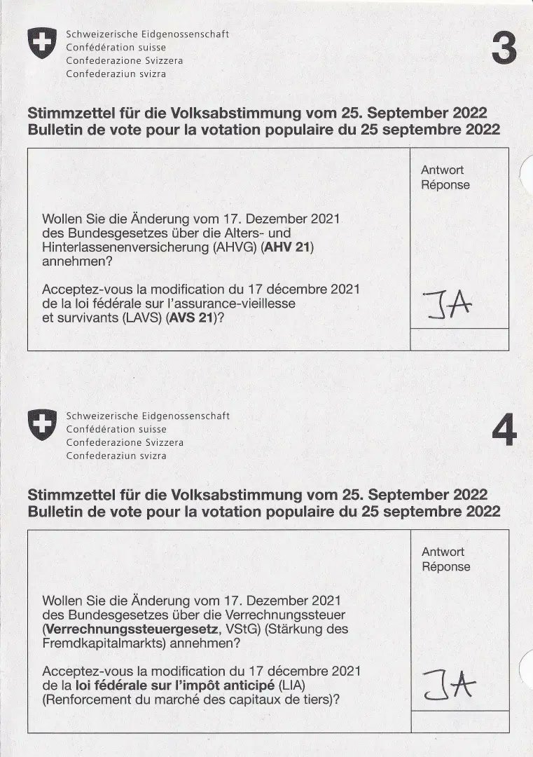 Frommenwiler's tweet photo. Meine Stimmzettel für die Abstimmungsvorlagen vom 25. September 2022 💪

#bern #schweiz #politik #selbstbestimmt #freiheit #switzerland #svizzera #suisse #helvetica https://t.co/opVaaADKwZ
