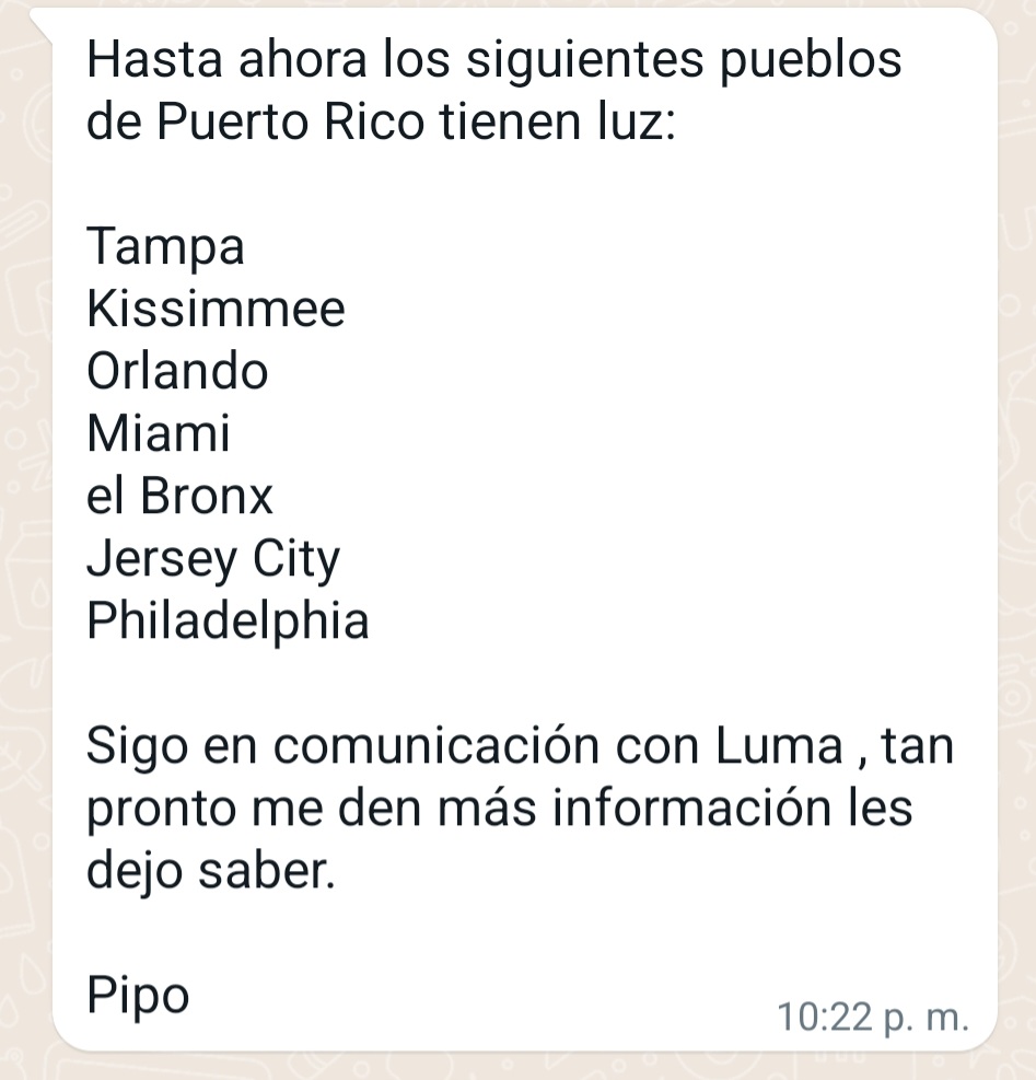 ericsuarez73's tweet photo. @TrincheraAzul @lumaenergypr @AEEONLINE @EcoelectricaP @TelemundoPR Estos son los pueblo de los que tu habla por que en mi area no se callo ni una hoja y tenemos 7 dias sin servicio 🤔 https://t.co/bZVo0sk5hi