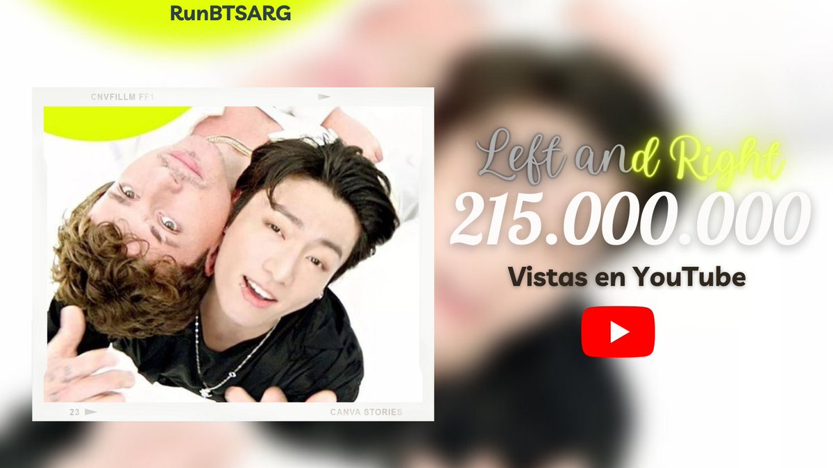 RunBTSArg's tweet photo. 🔊| YouTube
"Left and Right" ha superado los 215 millones de vistas en YouTube. 🎉
Link 🔗 https://t.co/IiCej7DkDg
📌 Listen to #LeftandRight the song by #CharliePut feat #JUNGKOOK of #BTS (@BTS_twt) https://t.co/pHW5Me8Mhp