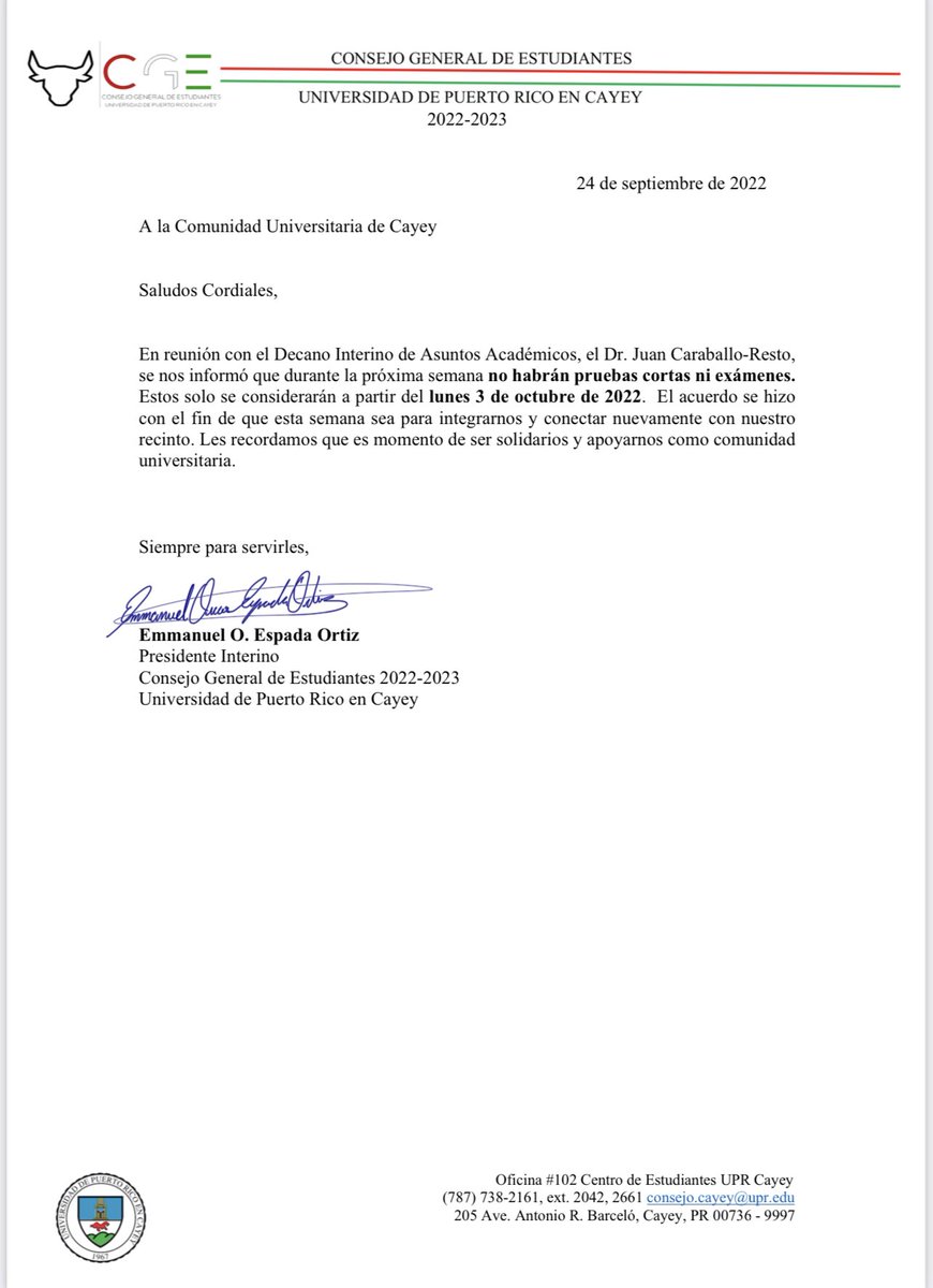 🚨A la Comunidad de UPR Cayey🚨  Les informamos que durante la próxima semana NO HABRÁ PRUEBAS CORTAS NI EXÁMENES. Estos se considerarán a partir del lunes 3 de octubre de 2022. 

Es momento de ser solidarios y apoyarnos como comunidad universitaria 🇭🇺🐃
❤️🤍💚