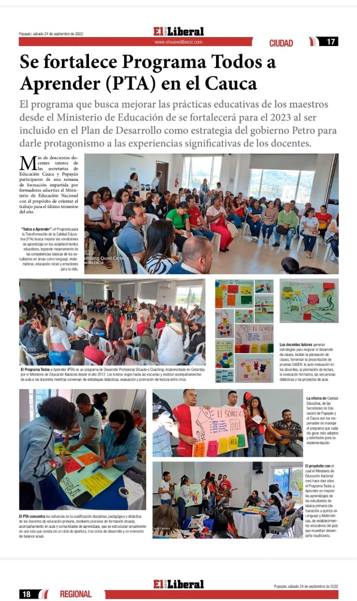 MartaISernaN's tweet photo. .@PTA_Colombia destacado en @elnuevoliberal de Popayán por su excelente semana de formación a tutores para desarrollo de acciones tendientes al fortalecimiento de prácticas de aula y mejora de aprendizajes de estudiantes. @PTAfranco @nidongav77 @tuliana16 @RinconferE @hbayonar https://t.co/rRhA1TxJ6D
