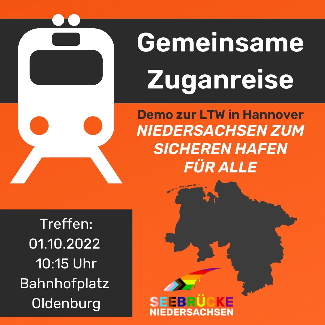 Kommt mit uns zusammen zur Demo nach Hannover. Nächsten Samstag um 10.15 geht's los aus Oldenburg! <a href="/SeebruckeNDS/">Seebrücke Niedersachsen - #NDSwirdSichererHafen</a>