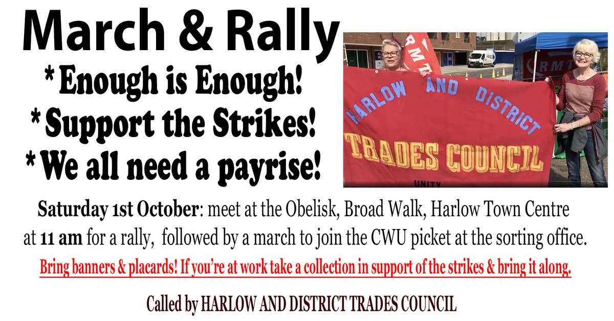 BeforeHarlow's tweet photo. Great to see Harlow &amp; District Trades Council have called a demo next Saturday. Let's get as many people along as possible!
#EnoughlsEnough https://t.co/IwLxN5n9KU