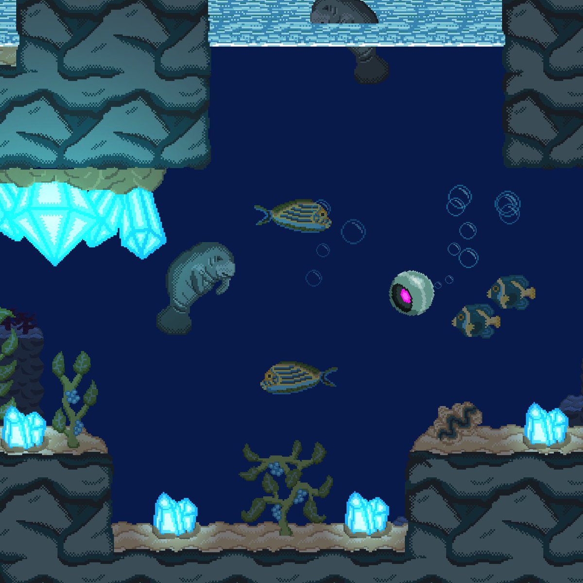 WallyDogGames's tweet photo. Swim with the friendly manatees in Saltberry Lagoon or go whale watching in the open ocean. There's lots to see in Project O.R.B. https://t.co/lRVCGXEpVD #outnow #indiedev #gamedev #pixelart #screenshotsaturday https://t.co/28HmKwmP5p