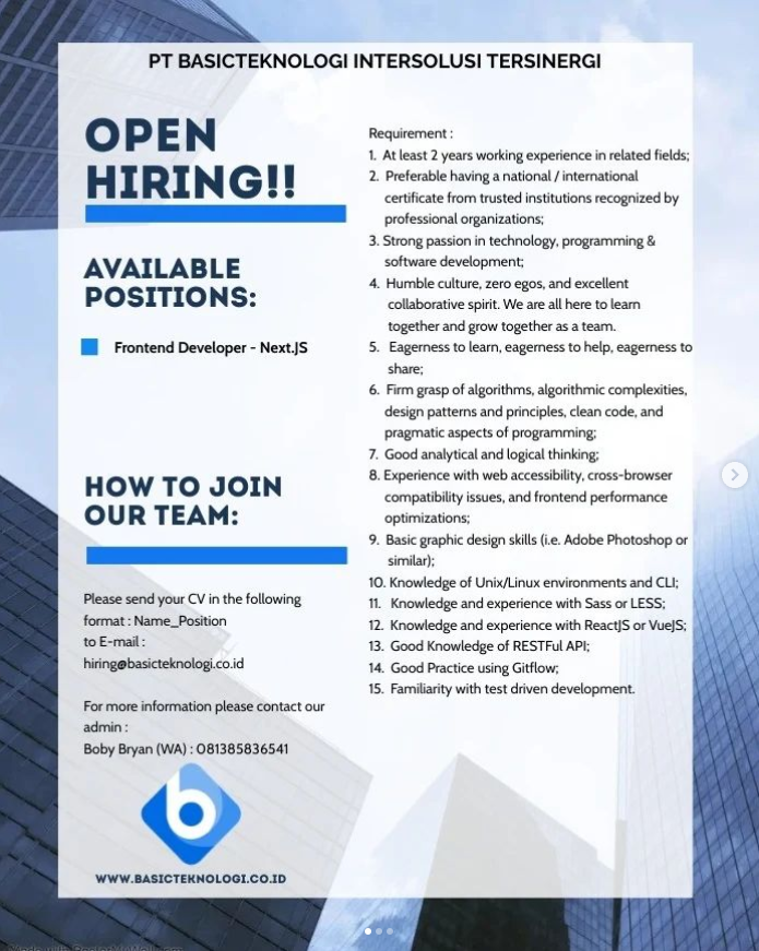 lokerit_01's tweet photo. Info Lowongan Kerja Frontend Developer dan Backend Developer
Silahkan kirimkan lamaran kalian pada email yg tertera
Share dan bagikan ke teman-teman kalian
#lokerit #lokerprogrammer #lokerdeveloper #Jakarta #lokerjakarta https://t.co/iDGMnvCTIq