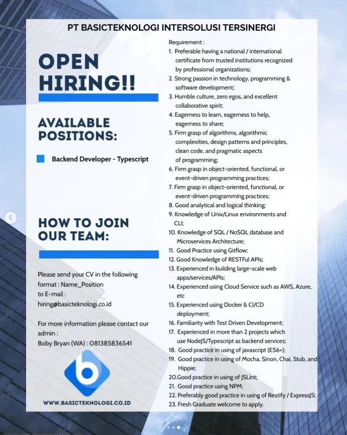 lokerit_01's tweet photo. Info Lowongan Kerja Frontend Developer dan Backend Developer
Silahkan kirimkan lamaran kalian pada email yg tertera
Share dan bagikan ke teman-teman kalian
#lokerit #lokerprogrammer #lokerdeveloper #Jakarta #lokerjakarta https://t.co/iDGMnvCTIq