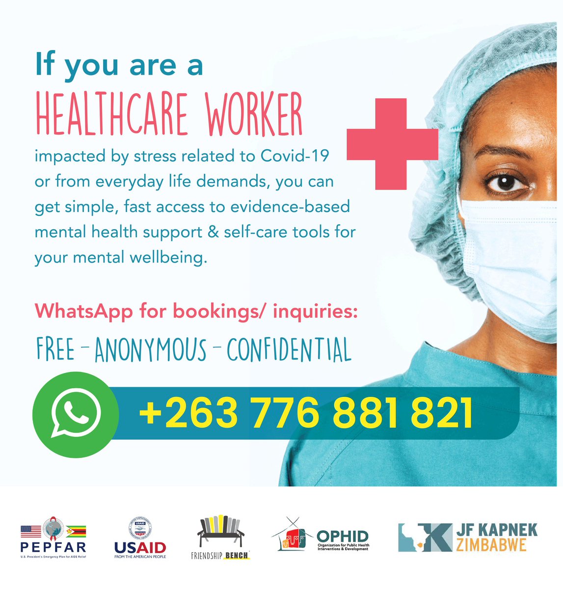 friendshipbench's tweet photo. Free mental health & psychosocial support for #HealthCareWorkers πΏπΌ
π #DeRole this weekend, take some time to yourself.
π If you need support, connect with our trained team,WhatsApp π² +263776881821
π And get free self-care resources at https://t.co/i7Ds1nKeTS https://t.co/6AiEoAn1br