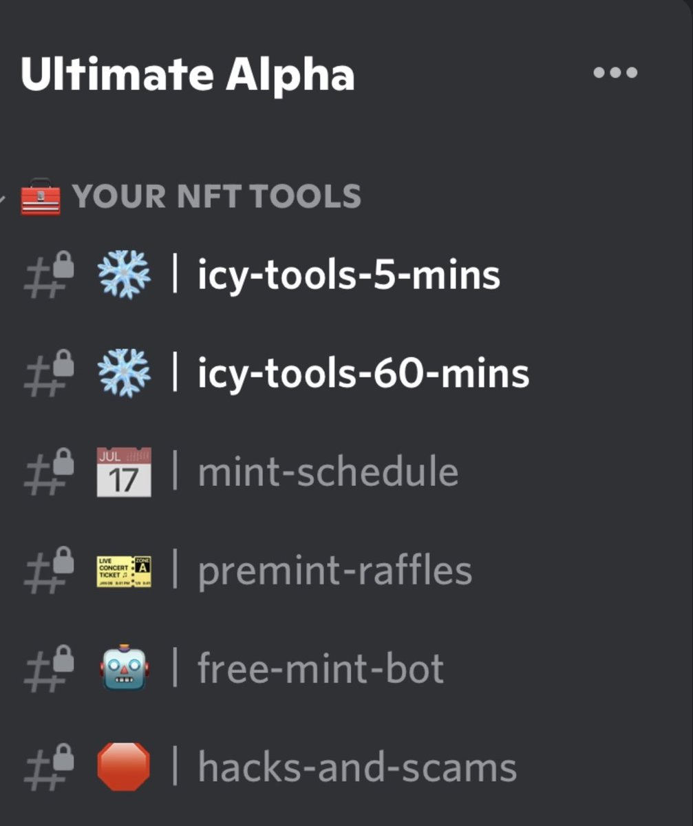 Ultimate_xAlpha's tweet photo. Talk about a clean looking server 😉 
How do you actually succeed in the NFT space? Well you listen to the experts. 

Don’t spend 3.3+ eth on alpha. 

Ultimate Alpha has got you covered for 0.015 🙌

Retweet and tag 3 friends for a chance of being airdropped a lifetime pass! https://t.co/b4lflw0DQ3