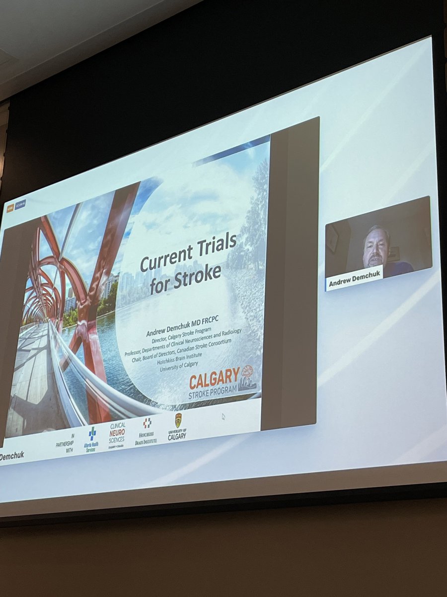 INRsymposium's tweet photo. Dr. Demchuck from @UCalgary discussing Current Stroke Trials! Prevention, reversal agents, evacuation of hematoma, and TNK trial AcT just released. Low NIHSS, many large core/low aspects, and distal clot trials such as #ESCAPEMeVO. @mayank_G0 @mihill68 @DCNSNeuro @aspectsinstroke https://t.co/oPcJqcstcY