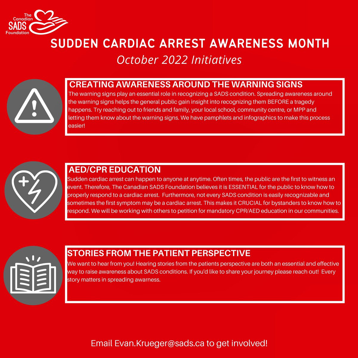 CanadianSADS's tweet image. October is Sudden Cardiac Arrest Awareness month! Join us in taking part through spreading awareness around the SADS warning signs &amp;amp; pushing for mandatory CPR + AED training in our communities.