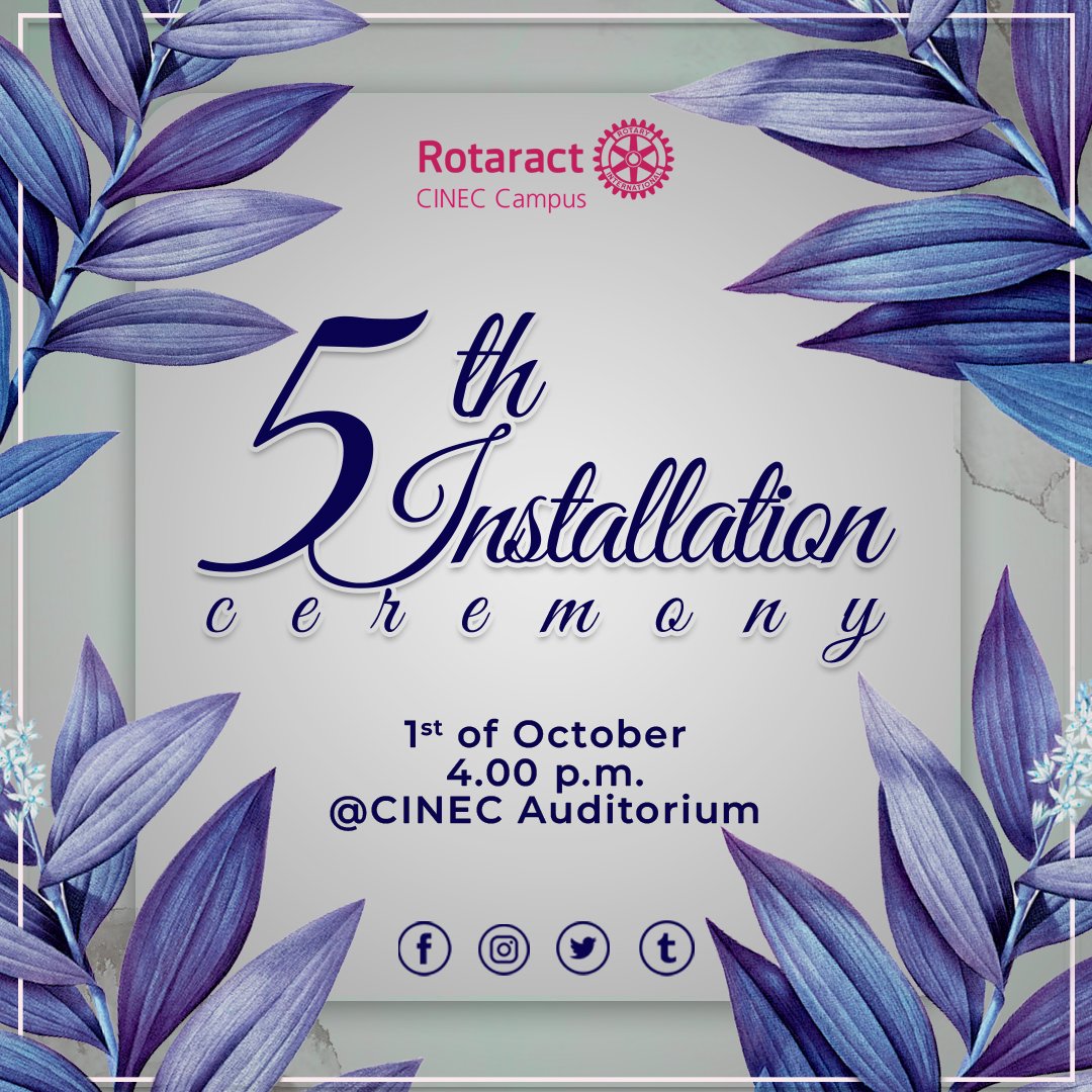 It is time to unveil a new chapter ✨

The Rotaract Club of CINEC Campus proudly presents it's 5th Installation Ceremony happening on the 1st October 2022 at the CINEC Campus Auditorium starting at 4.00 pm. 

Here's to new beginnings!✨❤️
Viva la Rotaract!

#Rotaract
#RACCINEC