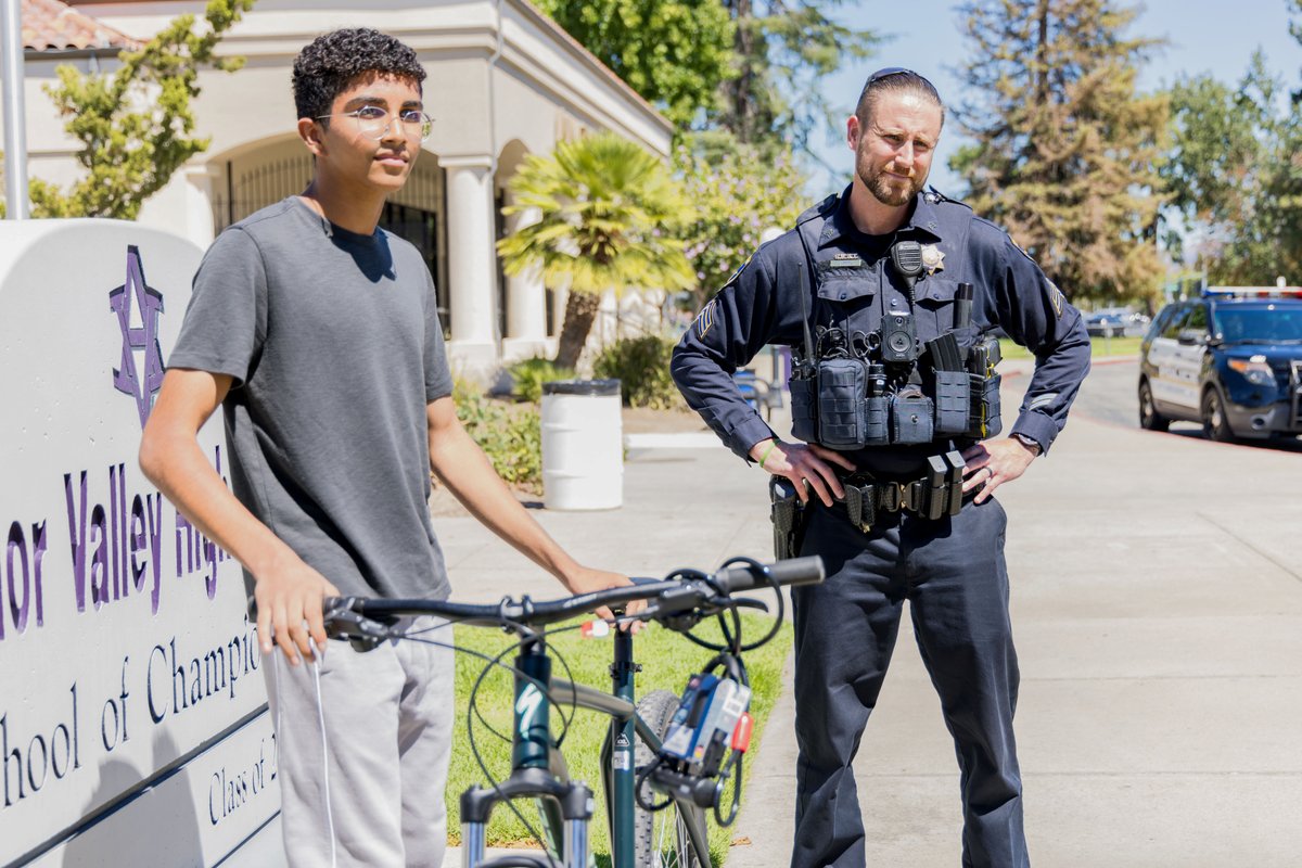 pleasantonpd's tweet photo. After doing a good deed, a local student unfortunately discovered his bike was stolen. Hearing this, we surprised him with a replacement. 🚲 Sgt. Pittl, his son, &amp; members of the Pleasanton Police Officers Charitable Foundation teamed up to donate a bike and lock. https://t.co/FROiCSbaKz