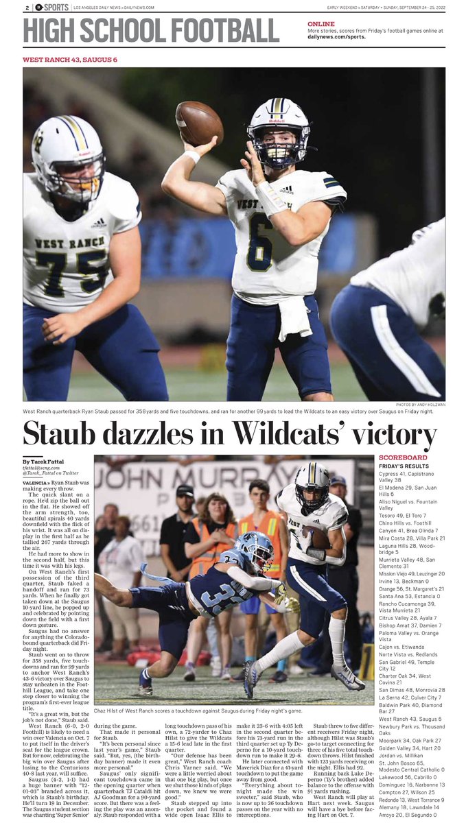 When print deadline is 10 p.m. sometimes you get the whole section to yourself, I guess. West Ranch gets all the ink in Saturday’s Daily News.

Read about Newbury Park-TO’s double OT thriller; Alemany-Lawndale; Hart-Golden Valley; Oak Park-Moorpark online: trib.al/1MFerZn