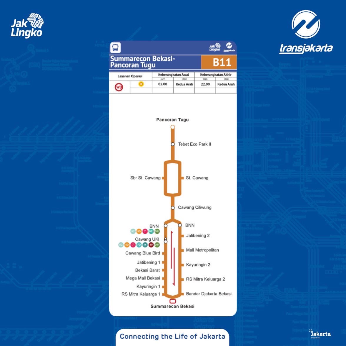 PT_Transjakarta's tweet photo. Sahabat TiJe, mulai Senin, 26 September 2022, layanan Transjakarta rute B11 Summarecon bekasi - Pancoran Tugu kembali beroperasi melayani pelanggan.

Layanan ini beroperasi Setiap Hari Kerja (Senin-Jumat)
Pukul 05.00 - 22.00 WIB

Cek peta rute B11 pada postingan di atas! https://t.co/CjKEiqkhwl