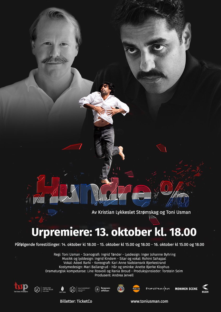 Når er du hundre % lykkelig? Når er du hundre % norsk? Når er du hundre % deg selv? Tre spørsmål. Ingen svar! Er det midtlivskrise eller er det noe langt mer alvorlig? Dette må vi til bunns i. Urpremiere: 13. oktober, Rommen Scene.