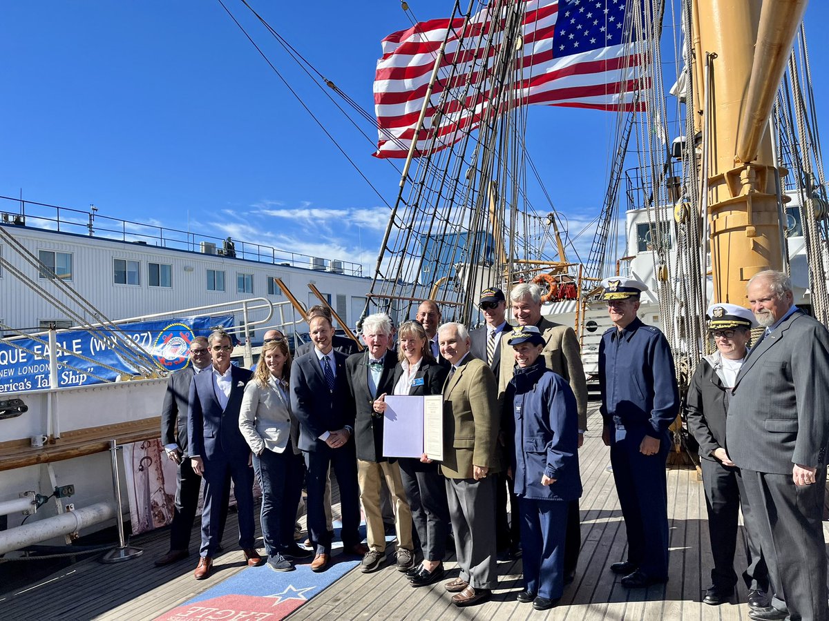 SenJackReed's tweet photo. Ahoy from the USCG EAGLE! A beautiful morning to welcome the flagship of the @USCG back to Newport and to celebrate the 50th Anniversary of @TallShipsFleet with a Senate Resolution passed in their honor. #USCGEAGLE https://t.co/pTJsNc8ibb