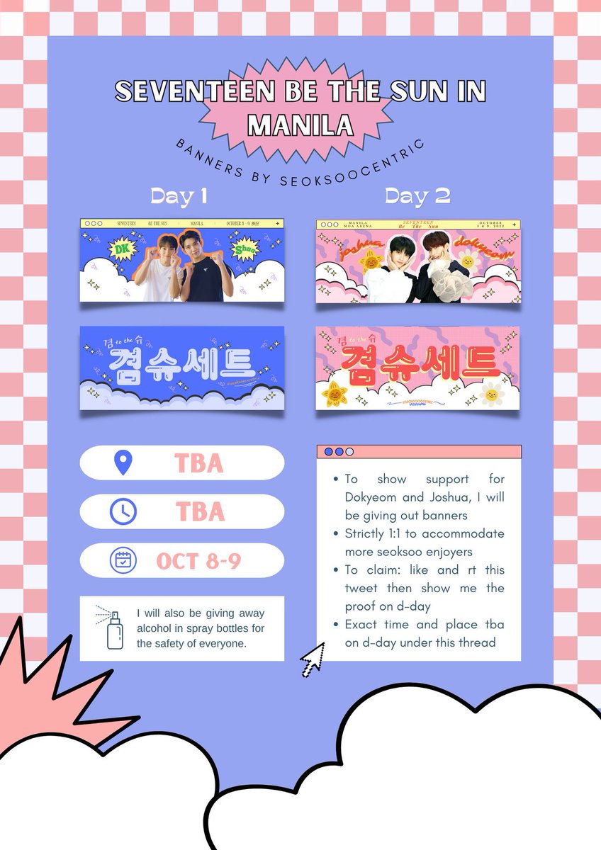 seoksoocentric's tweet photo. SEVENTEEN BE THE SUN in MANILA fan support for #도겸 and #조슈아 

seoksoo enjoyers and carats! I'll be giving away kyeomshu hand banners on both days for bets mnl :) 

check picture and thread for more info! see you there! 😉
#BETHESUNinMNL #BeTheSuninManila https://t.co/2m9mtttehM