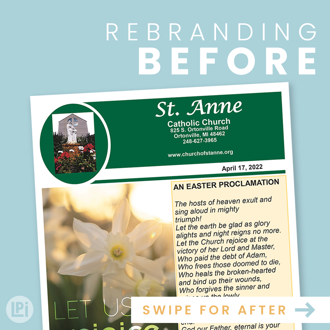 4LPi's tweet photo. Check out this parish rebranding we did for St. Anne Church in Ortonville, MI. We love how it turned out! Interested in rebranding your parish? Our design team can help you share your story: https://t.co/nsH3HBnfZL
#LPiDesign #ChurchCommunication #ChurchGraphicDesign #LPi https://t.co/LiPzLbqRBL