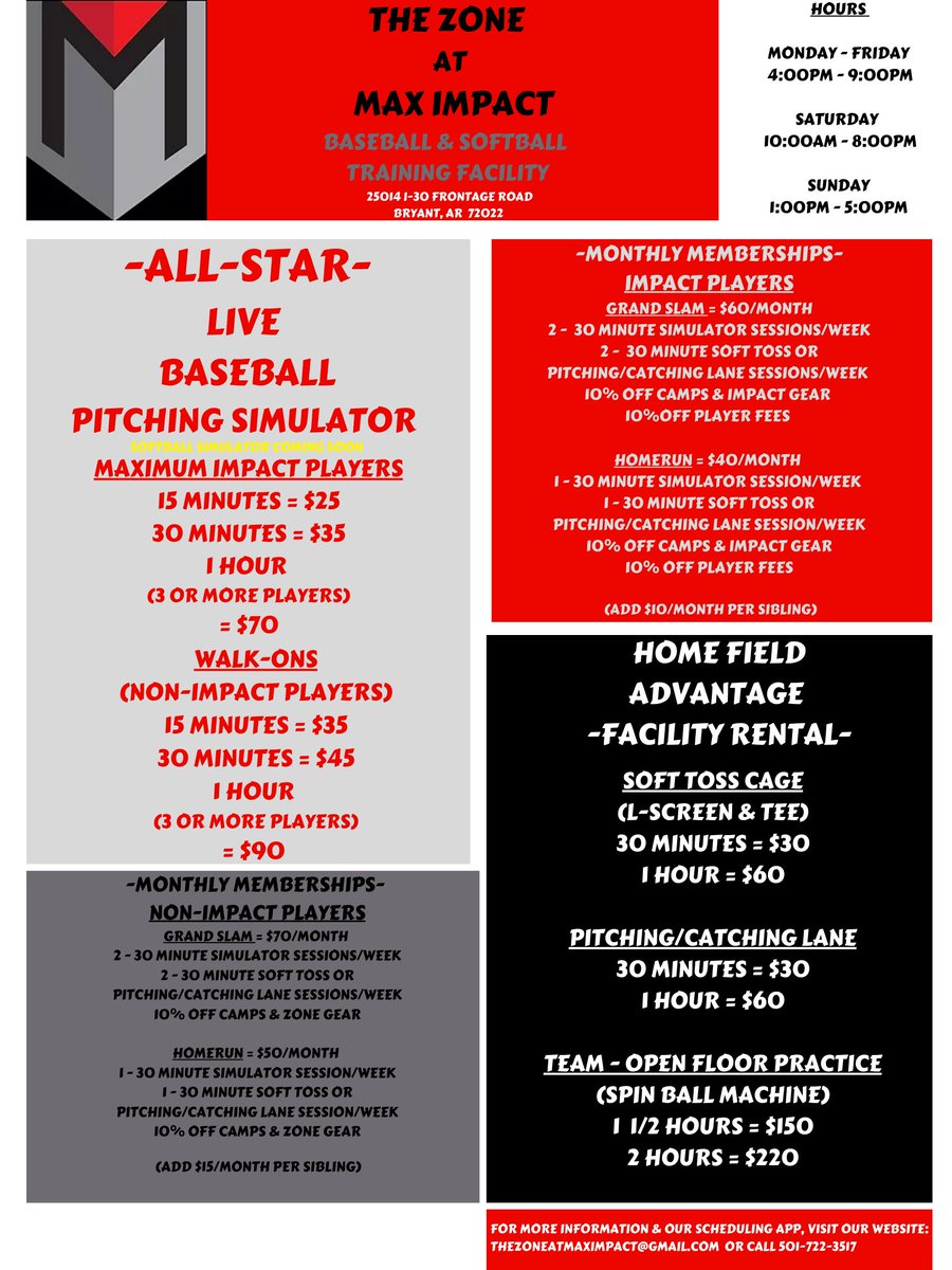 NEW PRICING @ The Zone for New Facility Rentals! Slots are filling up fast, contact us now to reserve your spot or become a member! CALL 501-722-3517!