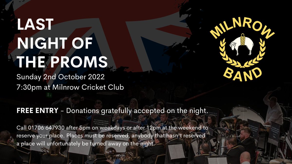 Milnrow Band (@milnrowband) on Twitter photo Join us next Sunday (2nd) at <a href="/MilnrowCC/">Milnrow Cricket Club</a> for a patriotic Last Night of The Proms evening. Entrance is #FREE, donations are very welcome.
Details to reserve your place are on the image. 🎺🇬🇧
<a href="/MilnrowNewhey/">Milnrow & Newhey</a> #Concert #BrassBand Join us next Sunday (2nd) at <a href="/MilnrowCC/">Milnrow Cricket Club</a> for a patriotic Last Night of The Proms evening. Entrance is #FREE, donations are very welcome.
Details to reserve your place are on the image. 🎺🇬🇧
<a href="/MilnrowNewhey/">Milnrow & Newhey</a> #Concert #BrassBand