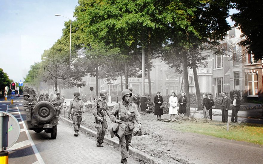 WWIIpix's tweet photo. Then and Now. US paratroopers of the 504th PIR, 82nd Airborne Division, march on the Oranjesingel road in Nijmegen, September 1944. #WW2 https://t.co/SUKtHcGNQv