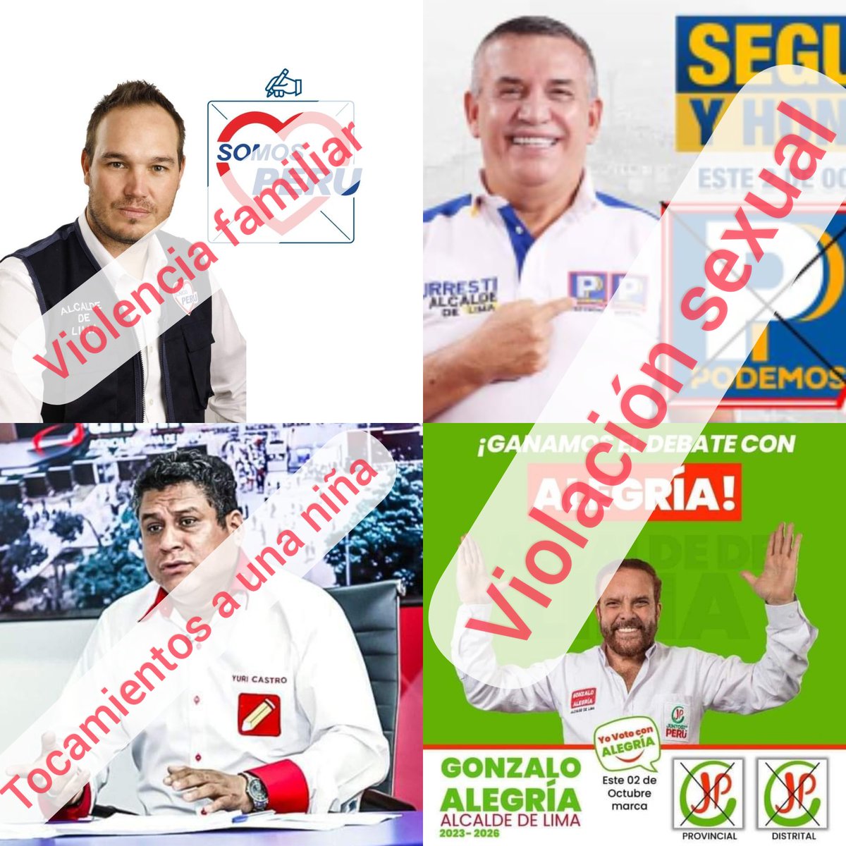VirgiDArbulu's tweet photo. Candidatos a la Alcaldía ACUSADOS por:
- Yuri castro: tocamientos a una niña.
- Daniel Urresti: violar a una mujer.
- Gonzalo Alegría: violación sexual a su hijo, hasta pedido de trio.
- George Forsyth: Violencia familiar
¡Son Acusaciones de alto calibre!🤬 https://t.co/CivdQcvI8P