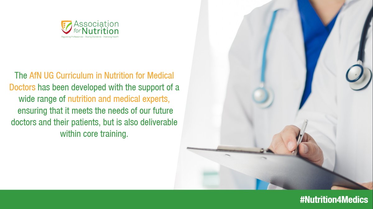 The @AfN_uk_ UG Curriculum in Nutrition for medical doctors has been developed with the support of a wide range of nutrition and medical experts, to ensure meets the needs of our future doctors and their patients, but is also deliverable within core training 

#Nutrition4Medics