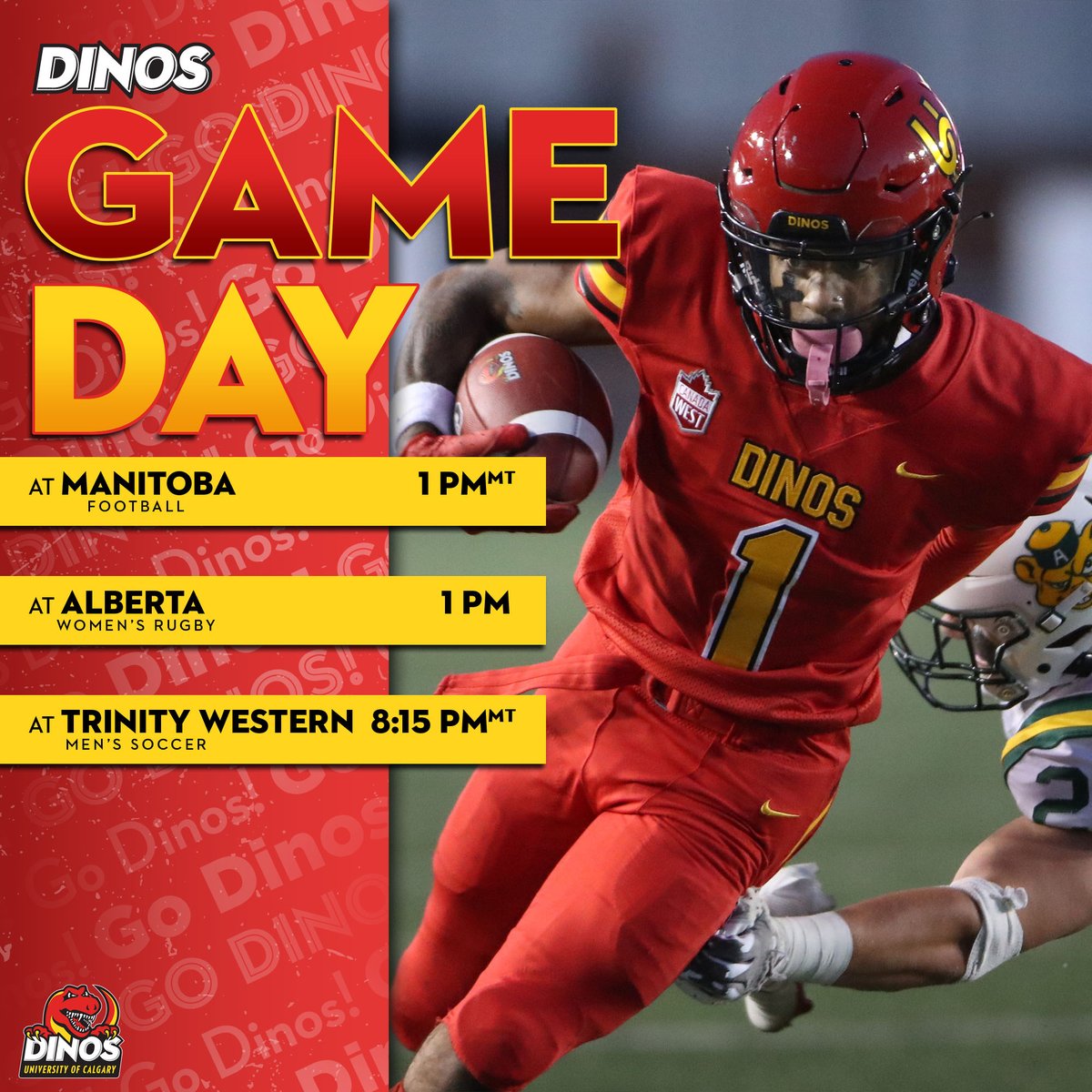 UCDinos's tweet photo. 𝗚𝗔𝗠𝗘 𝗗𝗔𝗬!

The Dinos are away from home with three games in three provinces.

#GoDinos https://t.co/t03kR0uskN