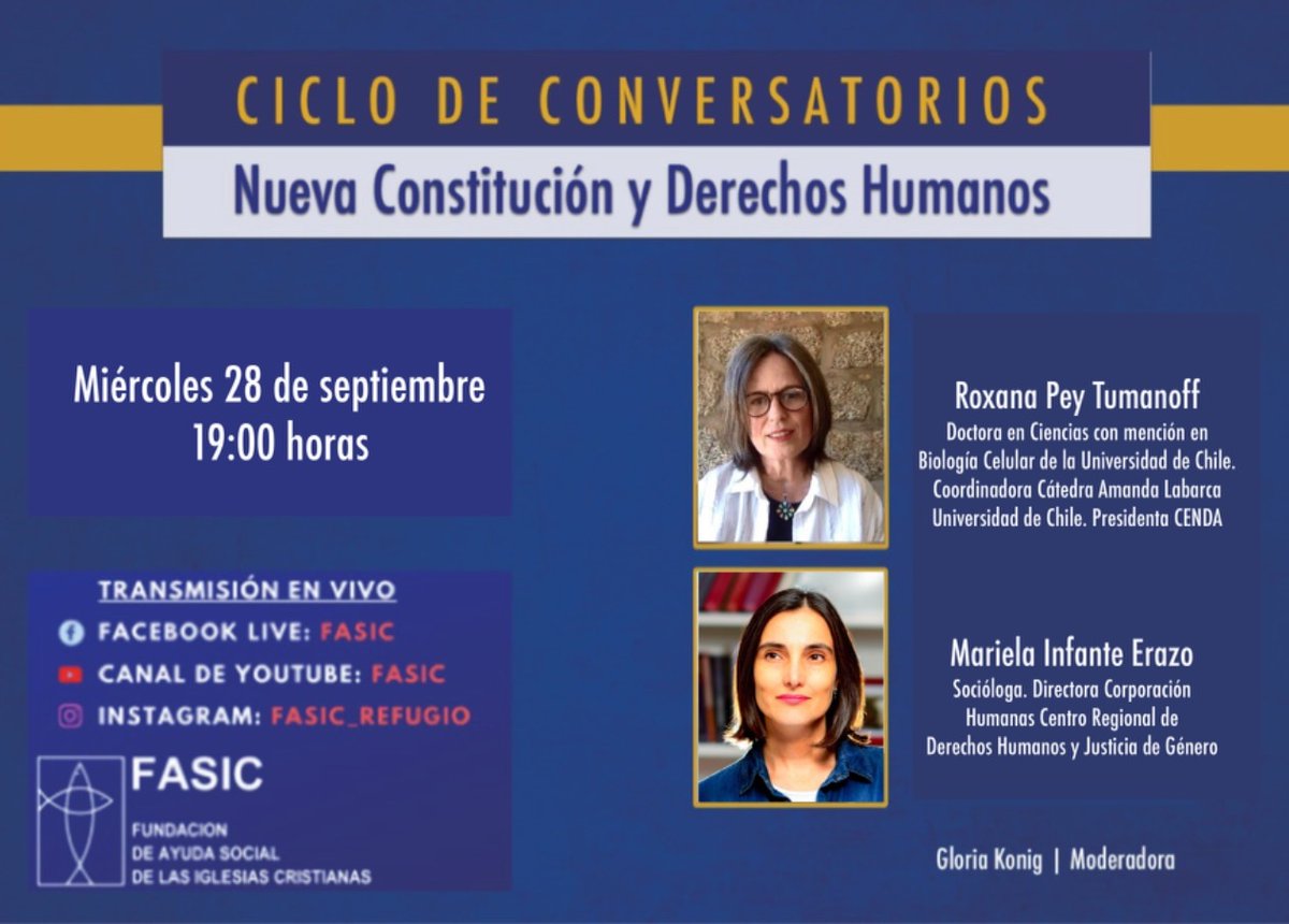 FASICDDHH's tweet image. 📢 #CicloDeConversatorios 
El próximo miércoles, 28 de septiembre te invitamos a ver la transmisión de este nuevo conversatorio sobre la Nueva Constitución y los Derechos Humanos, el cuál iniciará a las 19:00 hrs.